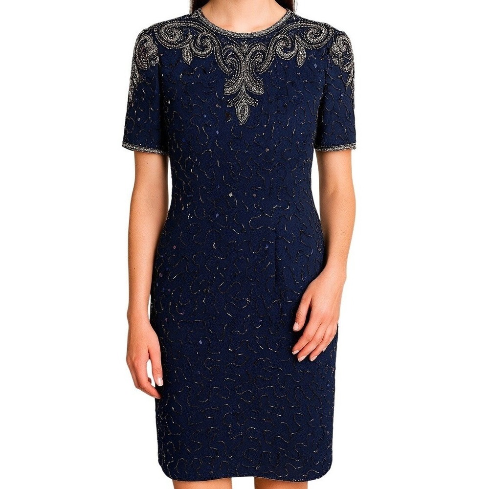 Robert Anthony Women's Size 10 Navy Blue Beaded Silk Keyhole Back Dress Vintage